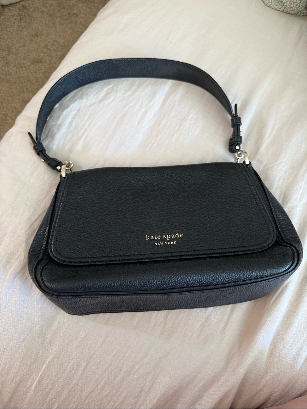 kate spade Black Pebbled Leather Shoulder Bag with Gold Logo